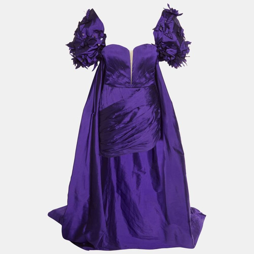 Sophie Couture Purple Taffeta Draped Long Train Mini Dress S